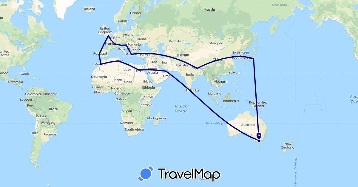 TravelMap itinerary: driving in United Arab Emirates, Australia, Switzerland, Egypt, France, United Kingdom, Greece, Croatia, Italy, Japan, South Korea, Morocco, Nepal, Tunisia (Africa, Asia, Europe, Oceania)